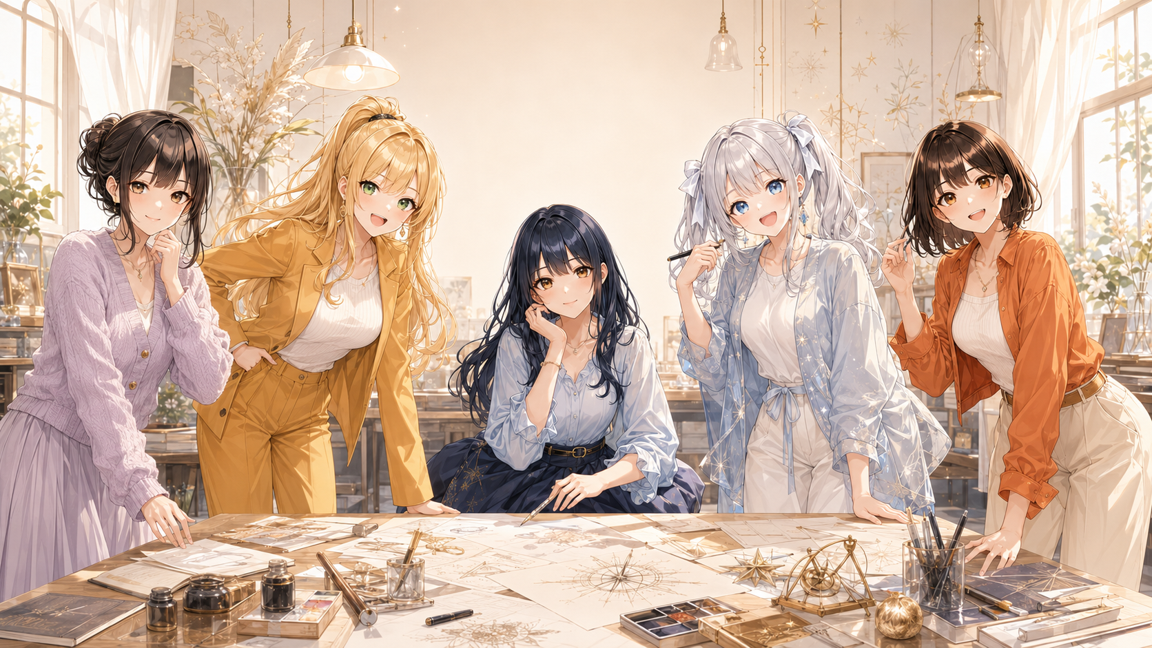 まひる、るな、しずく、鈴、陽が制作机を囲む様子
