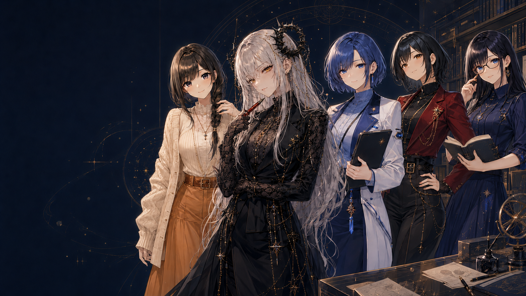 日和、ジュリ、澪、凛華、月子が並ぶクリエイタースタジオ